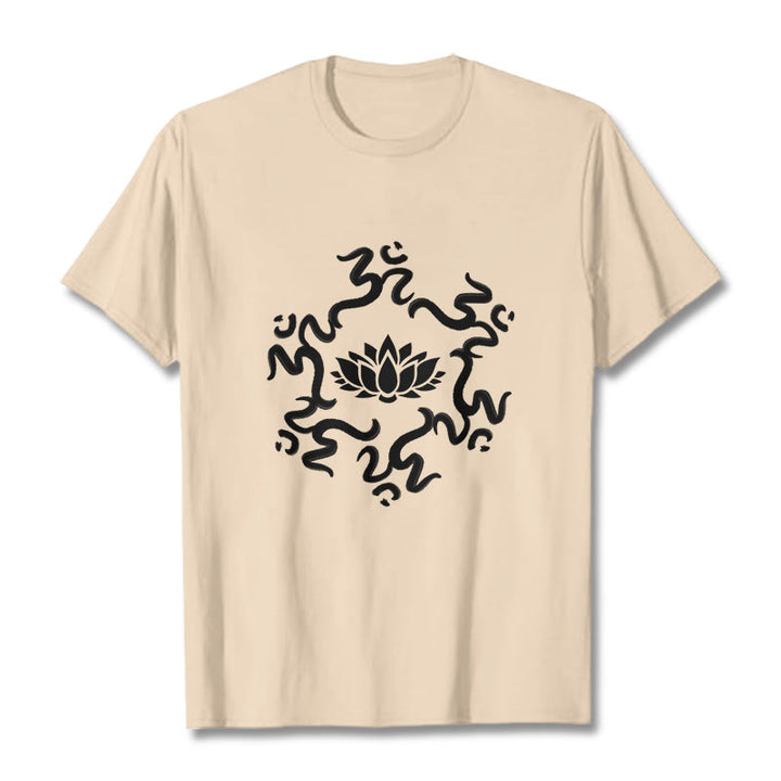 T-shirt à motif de fleurs de lotus avec symboles OM et Buddha Stones - Bisque - 2XL - image 10