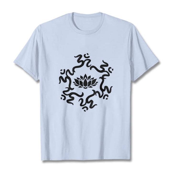 T-shirt à motif de fleurs de lotus avec symboles OM et Buddha Stones - Cyan clair - 2XL - image 1