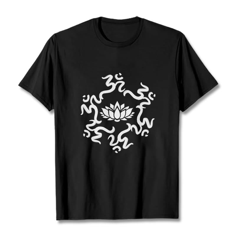 T-shirt à motif de fleurs de lotus avec symboles OM et Buddha Stones - Noir - 2XL - image 3