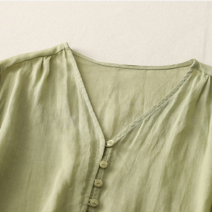 Chemise boutonnée en coton et lin pour femme avec broderies de Buddha Stones - image 2