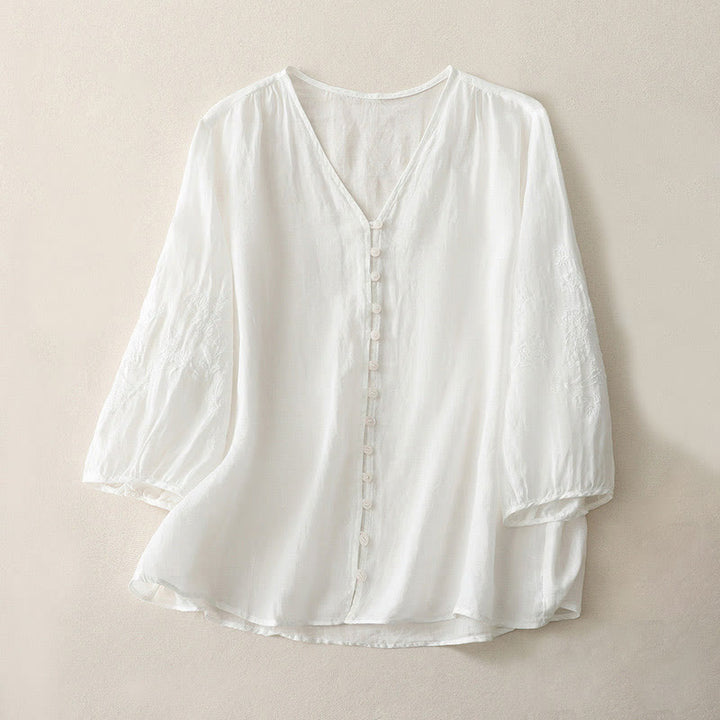 Chemise boutonnée en coton et lin pour femme avec broderies de Buddha Stones - Blanc - US8-10,UK/AU12-14,EU40-42 (2XL) - image 6