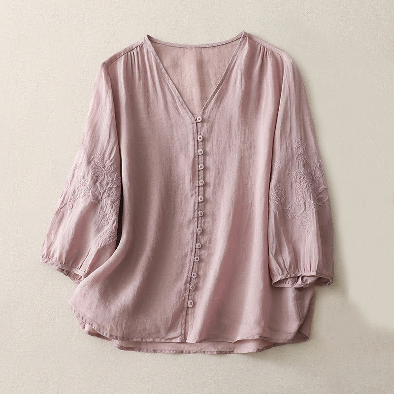 Chemise boutonnée en coton et lin pour femme avec broderies de Buddha Stones - Prune - US8-10,UK/AU12-14,EU40-42 (2XL) - image 16