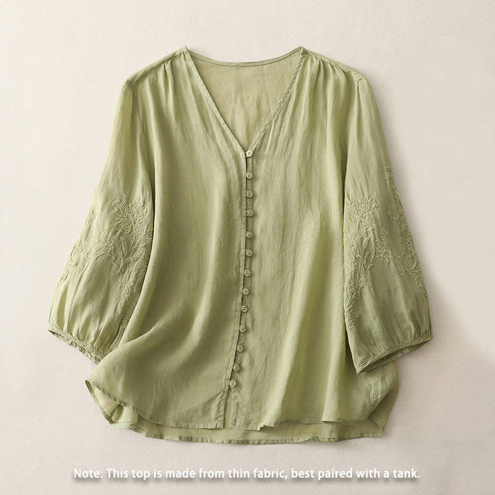 Chemise boutonnée en coton et lin pour femme avec broderies de Buddha Stones - image 1