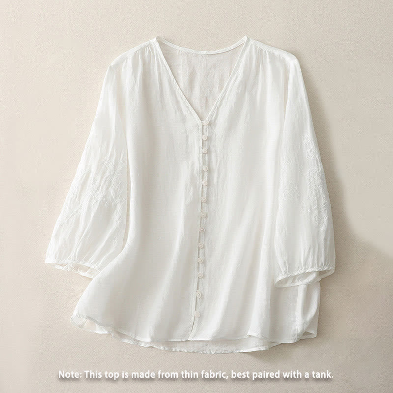 Chemise boutonnée en coton et lin pour femme avec broderies de Buddha Stones - image 7