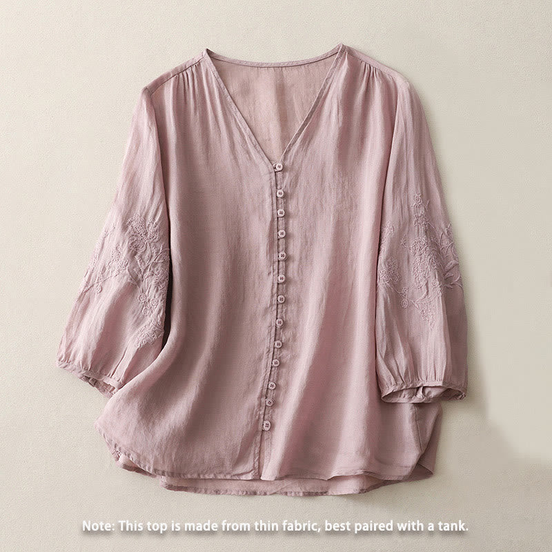 Chemise boutonnée en coton et lin pour femme avec broderies de Buddha Stones - image 17