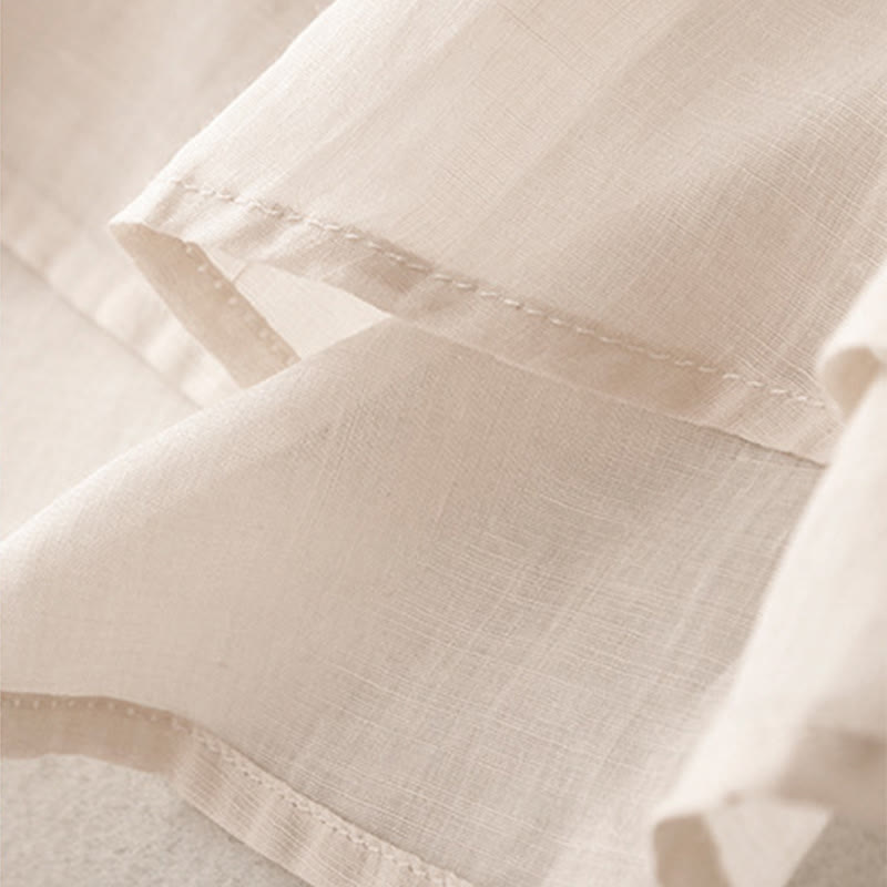 T-shirt à manches courtes en coton et lin pour femme, col ras du cou et plis, broderies de Buddha Stones - image 6