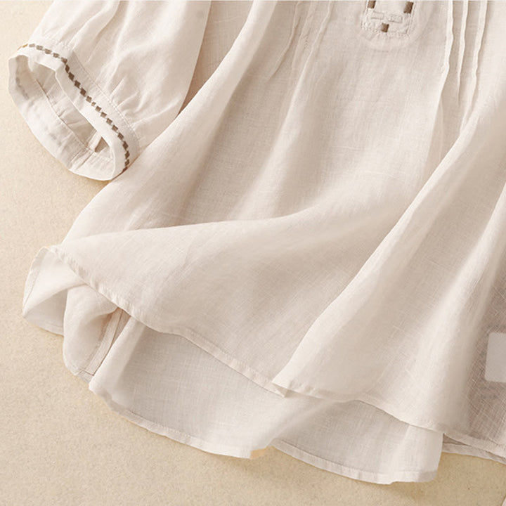 T-shirt à manches courtes en coton et lin pour femme, col ras du cou et plis, broderies de Buddha Stones - image 10