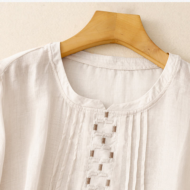 T-shirt à manches courtes en coton et lin pour femme, col ras du cou et plis, broderies de Buddha Stones - image 2