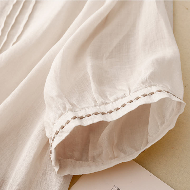 T-shirt à manches courtes en coton et lin pour femme, col ras du cou et plis, broderies de Buddha Stones - image 7