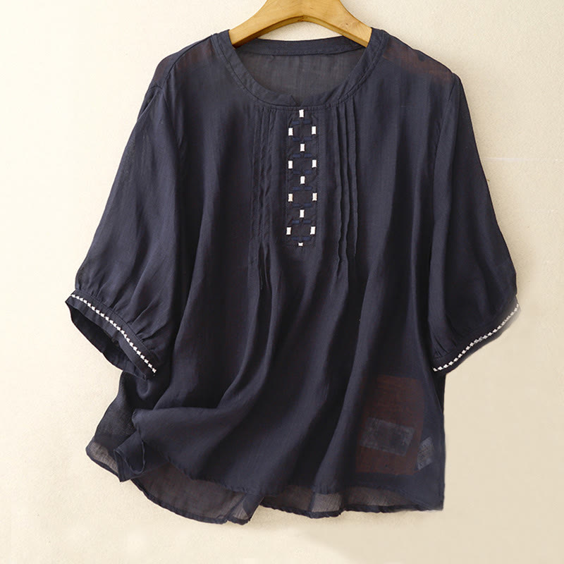 T-shirt à manches courtes en coton et lin pour femme, col ras du cou et plis, broderies de Buddha Stones - Bleu nuit - US14,UK/AU18,EU46 (2XL) - image 11