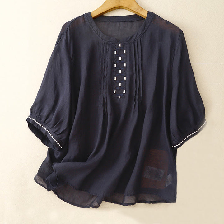 T-shirt à manches courtes en coton et lin pour femme, col ras du cou et plis, broderies de Buddha Stones - Bleu nuit - US14,UK/AU18,EU46 (2XL) - image 11