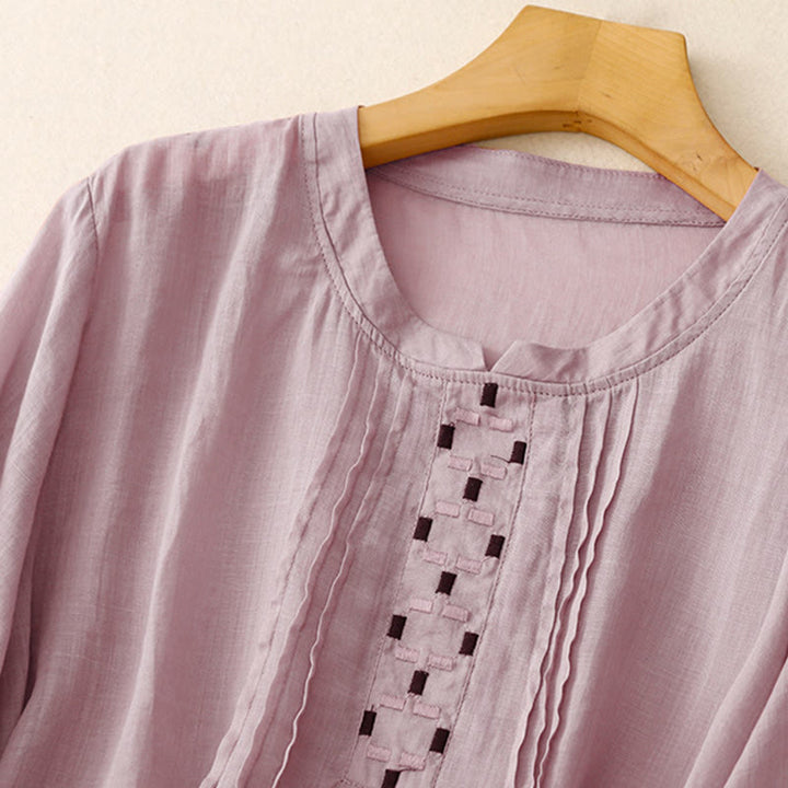 T-shirt à manches courtes en coton et lin pour femme, col ras du cou et plis, broderies de Buddha Stones - image 24