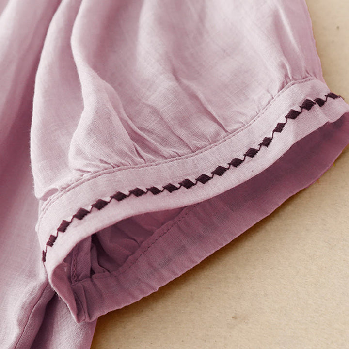 T-shirt à manches courtes en coton et lin pour femme, col ras du cou et plis, broderies de Buddha Stones - image 22