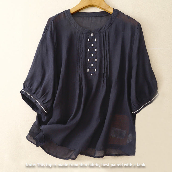 T-shirt à manches courtes en coton et lin pour femme, col ras du cou et plis, broderies de Buddha Stones - image 12