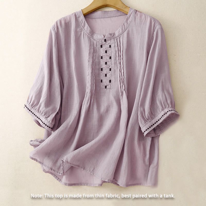 T-shirt à manches courtes en coton et lin pour femme, col ras du cou et plis, broderies de Buddha Stones - image 19