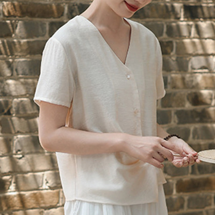 Chemise à manches courtes en coton et lin pour femme, col en V, motif irrégulier, boutons et Buddha Stones - image 18