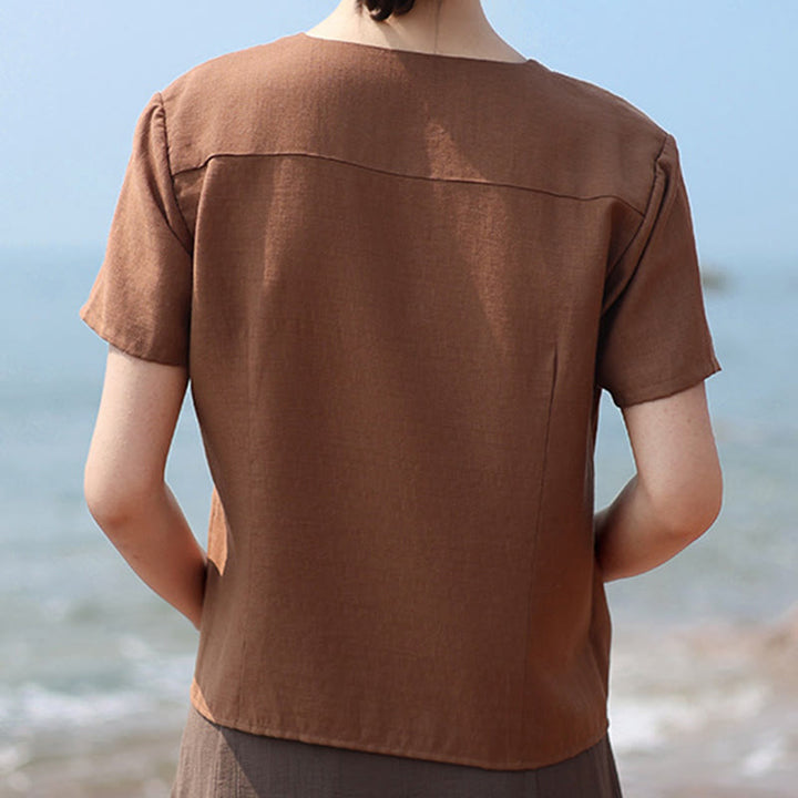 Chemise à manches courtes en coton et lin pour femme, col en V, motif irrégulier, boutons et Buddha Stones - image 4