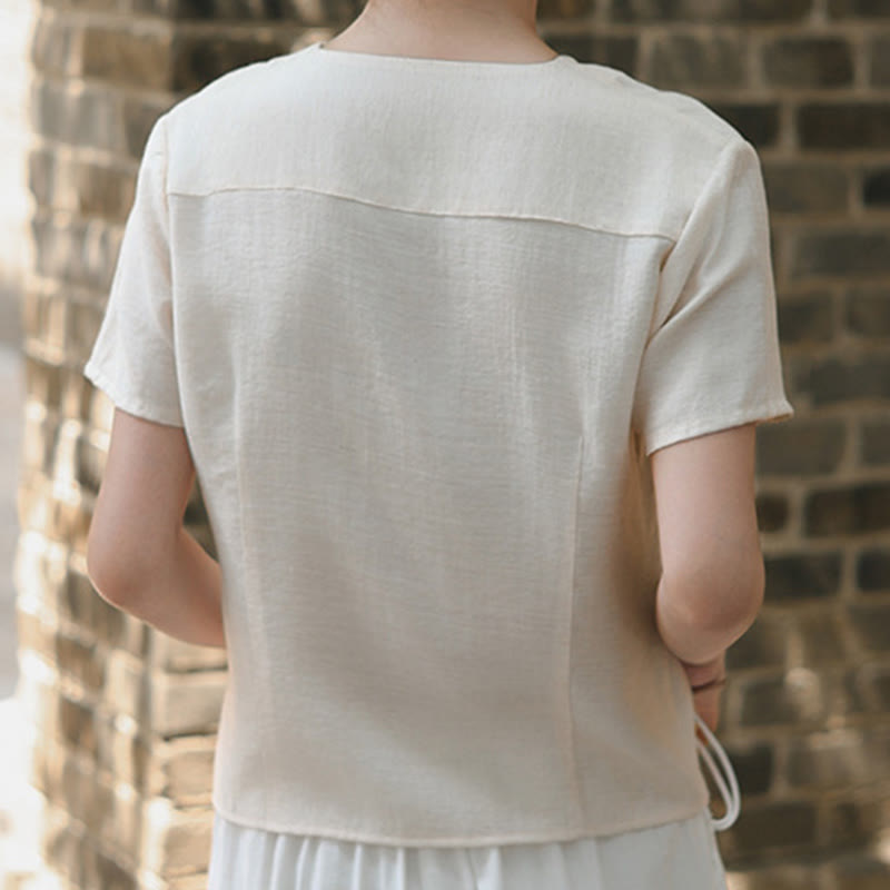 Chemise à manches courtes en coton et lin pour femme, col en V, motif irrégulier, boutons et Buddha Stones - image 15