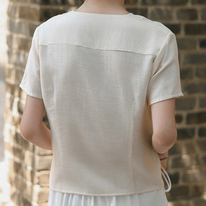 Chemise à manches courtes en coton et lin pour femme, col en V, motif irrégulier, boutons et Buddha Stones - image 15