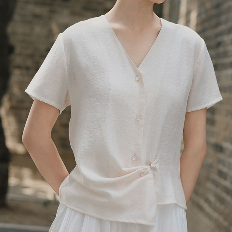 Chemise à manches courtes en coton et lin pour femme, col en V, motif irrégulier, boutons et Buddha Stones - image 14