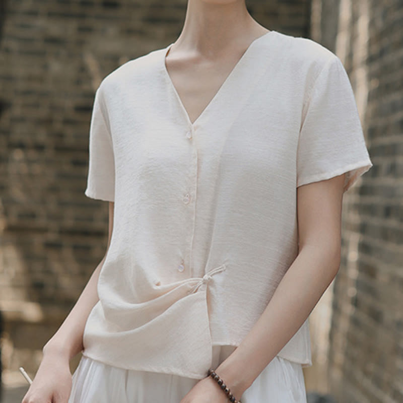 Chemise à manches courtes en coton et lin pour femme, col en V, motif irrégulier, boutons et Buddha Stones - image 17