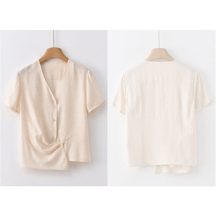 Chemise à manches courtes en coton et lin pour femme, col en V, motif irrégulier, boutons et Buddha Stones - image 19