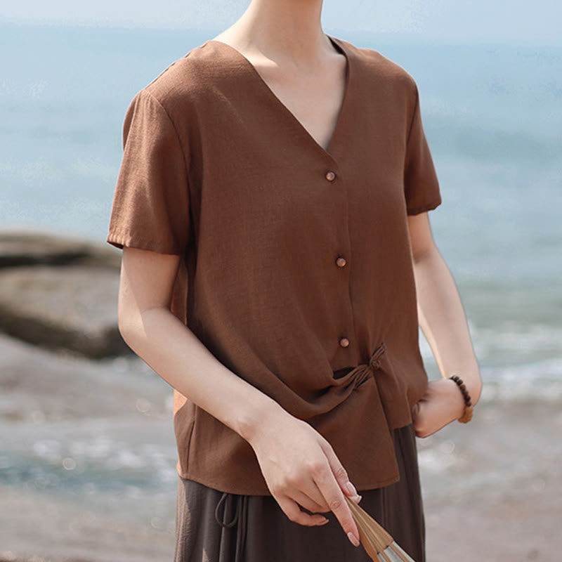 Chemise à manches courtes en coton et lin pour femme, col en V, motif irrégulier, boutons et Buddha Stones - image 6