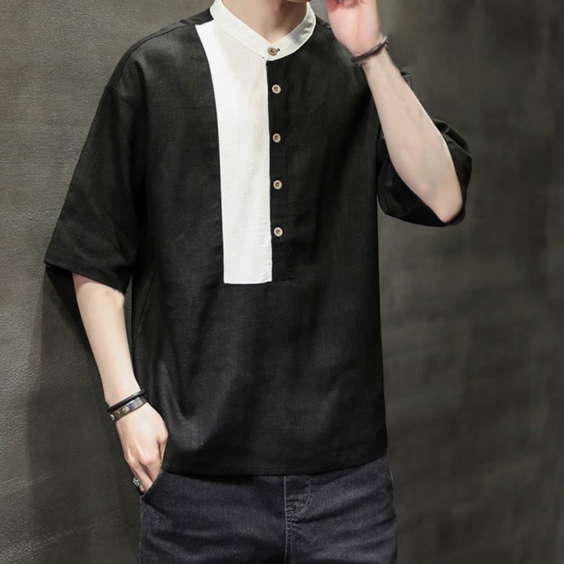 Chemise d'été en coton et lin pour homme, manches mi-longues, motif Buddha Stones, boutons et couleurs assorties