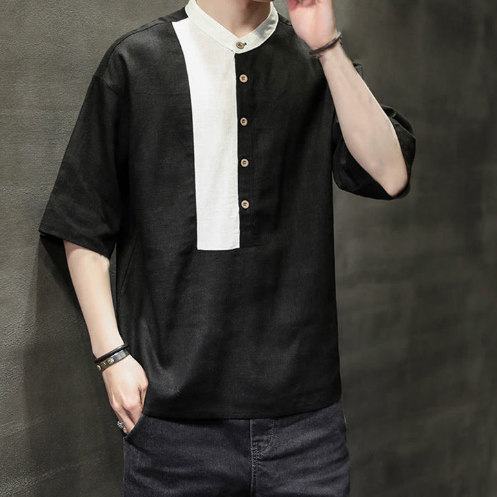 Chemise d'été en coton et lin pour homme, manches mi-longues, motif Buddha Stones, boutons et couleurs assorties