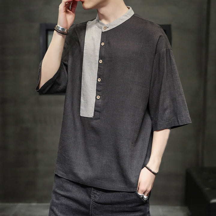 Chemise d'été en coton et lin pour homme, manches mi-longues, motif Buddha Stones, boutons et couleurs assorties