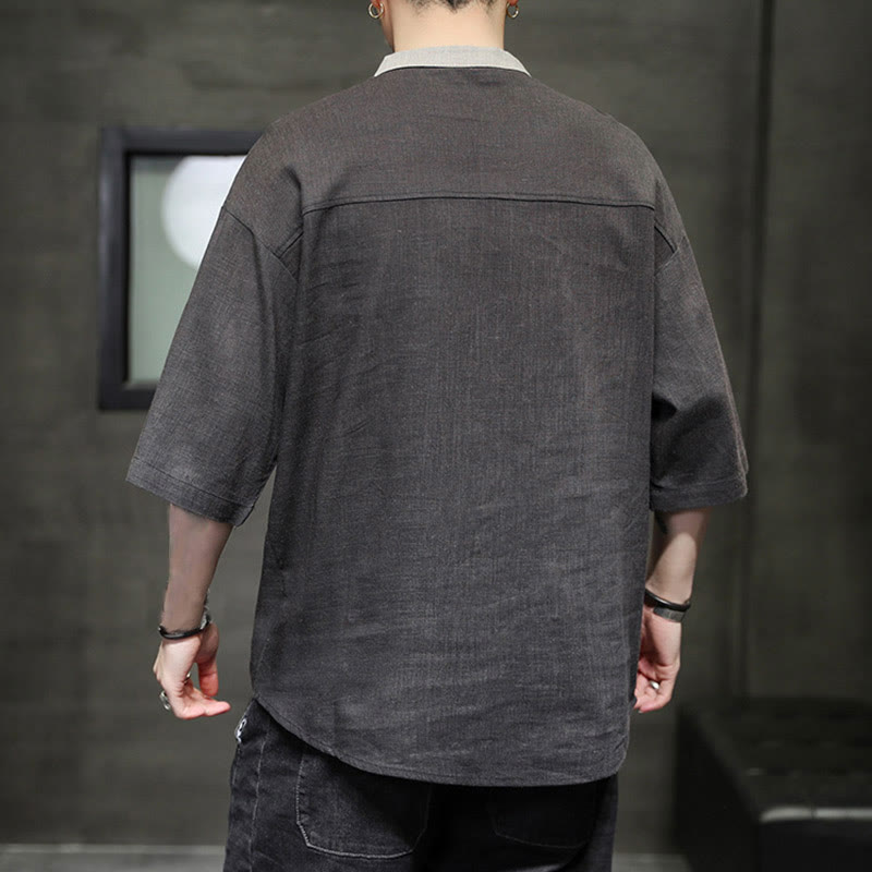 Chemise d'été en coton et lin pour homme, manches mi-longues, motif Buddha Stones, boutons et couleurs assorties