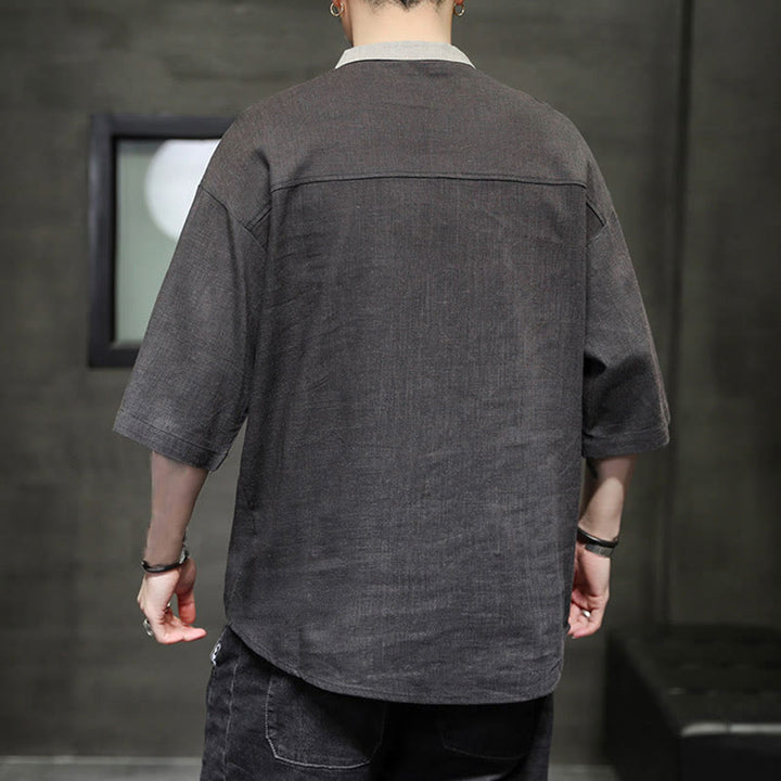 Chemise d'été en coton et lin pour homme, manches mi-longues, motif Buddha Stones, boutons et couleurs assorties