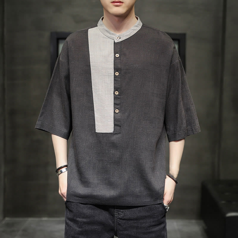 Chemise d'été en coton et lin pour homme, manches mi-longues, motif Buddha Stones, boutons et couleurs assorties