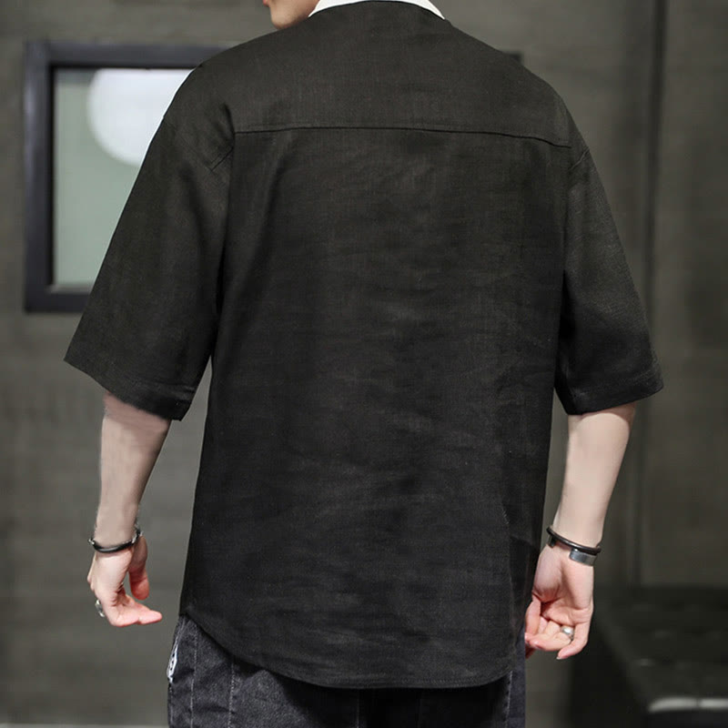 Chemise d'été en coton et lin pour homme, manches mi-longues, motif Buddha Stones, boutons et couleurs assorties