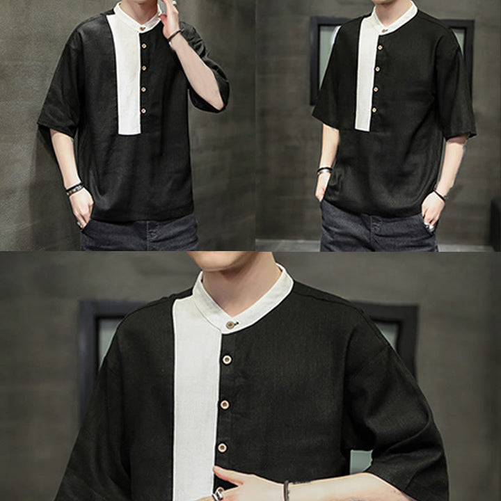 Chemise d'été en coton et lin pour homme, manches mi-longues, motif Buddha Stones, boutons et couleurs assorties