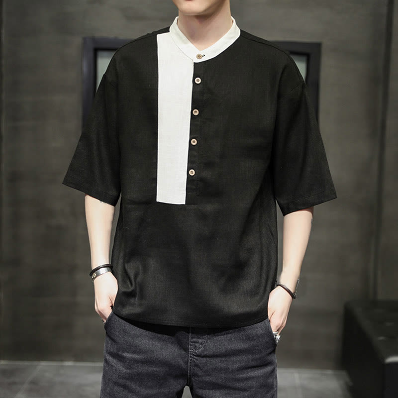Chemise d'été en coton et lin pour homme, manches mi-longues, motif Buddha Stones, boutons et couleurs assorties