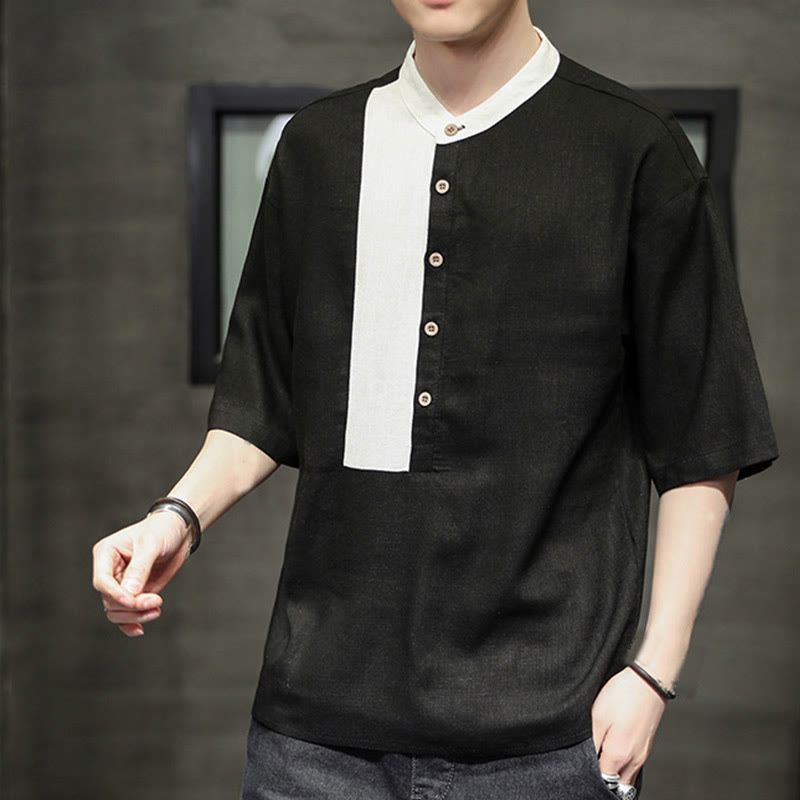 Chemise d'été en coton et lin pour homme, manches mi-longues, motif Buddha Stones, boutons et couleurs assorties