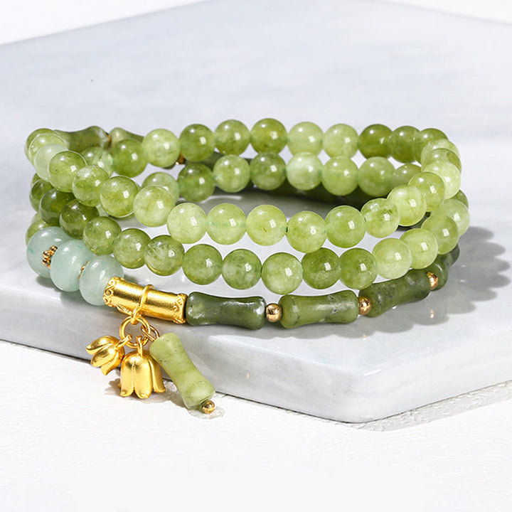 Bracelet de force multicouche rétro en bambou et calcédoine verte avec Buddha Stones - image 7