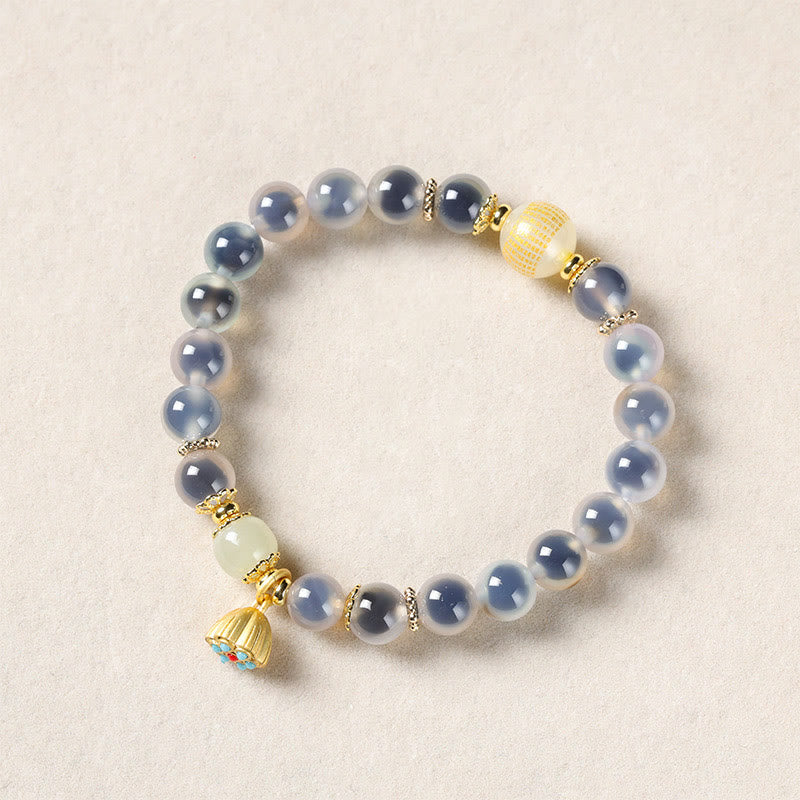 Bracelet de guérison en agate bonbon colorée naturelle et Buddha Stones , gousse de lotus dorée - Agate bonbon blanche (tour de poignet : 14-15 cm) - image 12