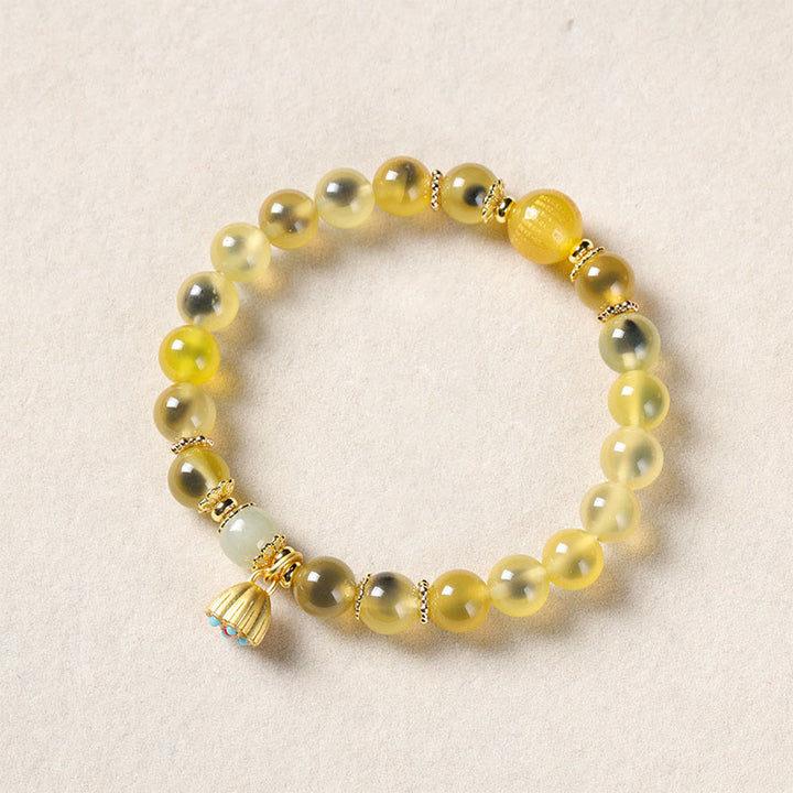 Bracelet de guérison en agate bonbon colorée naturelle et Buddha Stones , gousse de lotus dorée - Agate bonbon jaune (tour de poignet : 14-15 cm) - image 9
