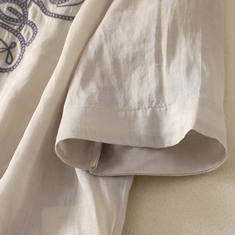 T-shirt décontracté à manches mi-longues en coton et lin pour femme, col en V, brodé de Buddha Stones - image 6