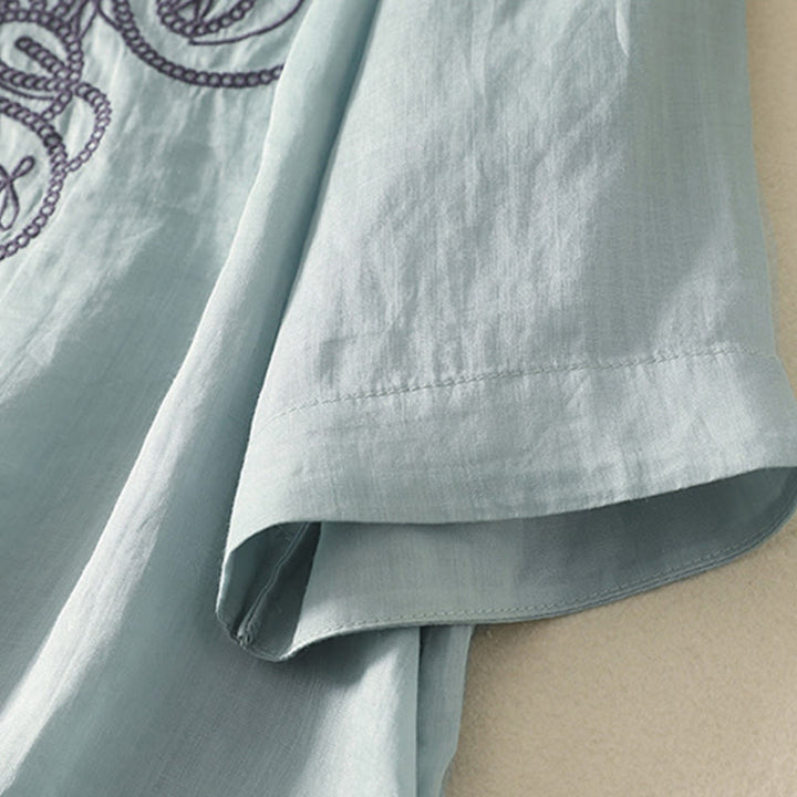 T-shirt décontracté à manches mi-longues en coton et lin pour femme, col en V, brodé de Buddha Stones - image 12