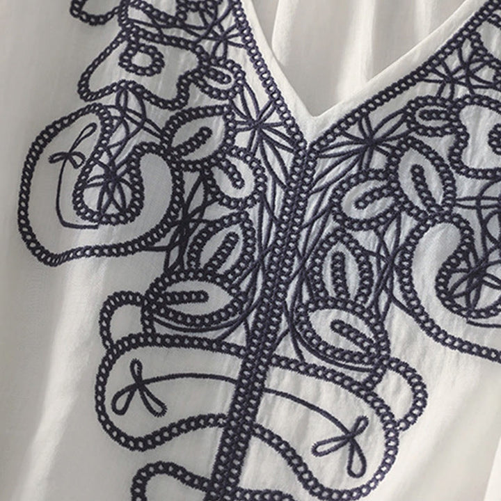 T-shirt décontracté à manches mi-longues en coton et lin pour femme, col en V, brodé de Buddha Stones - image 28