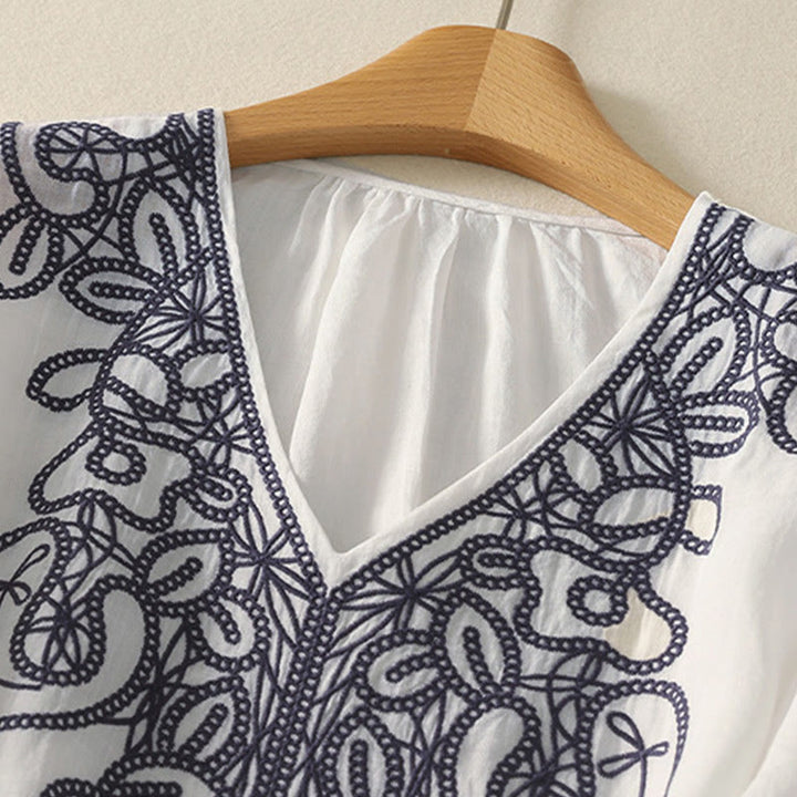 T-shirt décontracté à manches mi-longues en coton et lin pour femme, col en V, brodé de Buddha Stones - image 22