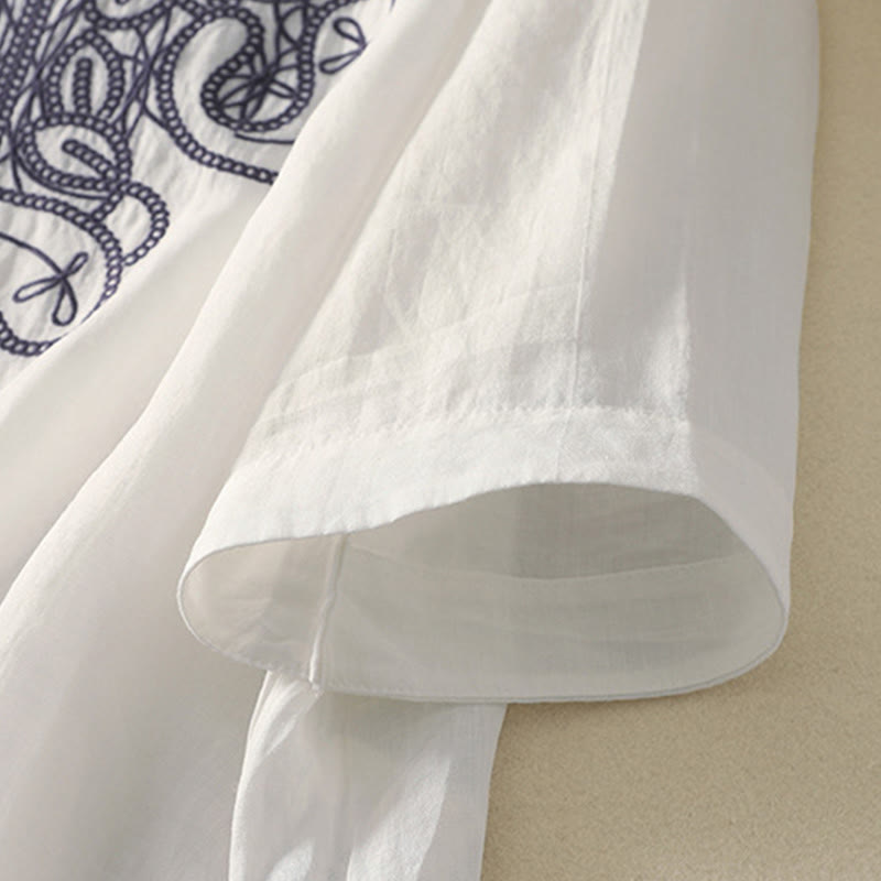 T-shirt décontracté à manches mi-longues en coton et lin pour femme, col en V, brodé de Buddha Stones - image 25