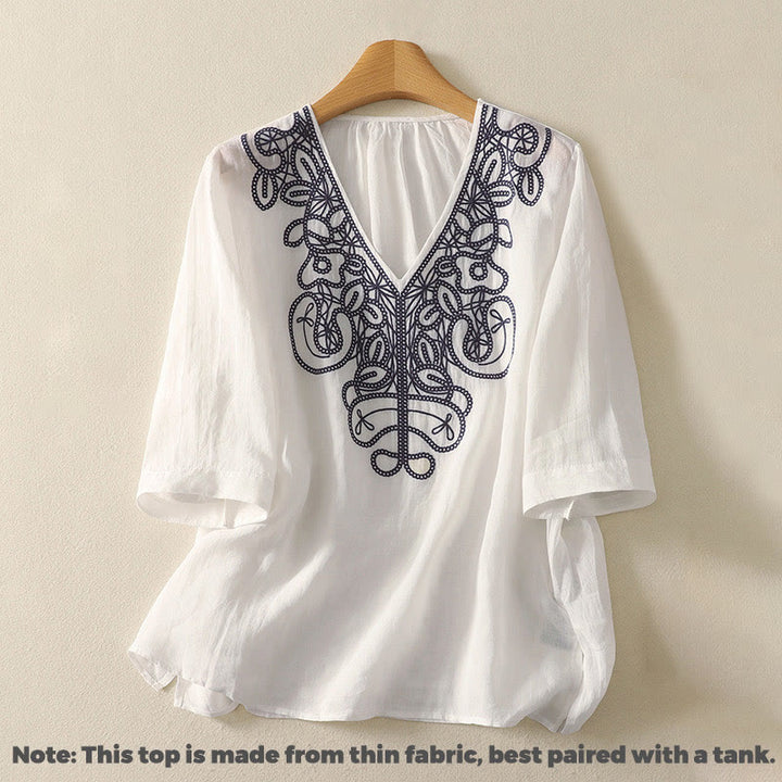 T-shirt décontracté à manches mi-longues en coton et lin pour femme, col en V, brodé de Buddha Stones - image 20