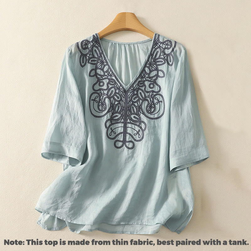 T-shirt décontracté à manches mi-longues en coton et lin pour femme, col en V, brodé de Buddha Stones - image 8