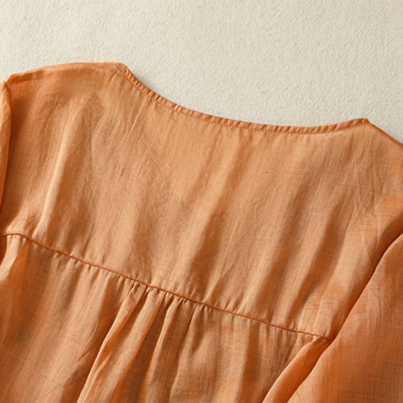 T-shirt décontracté à manches mi-longues en coton et lin pour femme, avec dentelle brodée et Buddha Stones - image 5