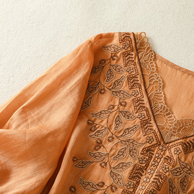 T-shirt décontracté à manches mi-longues en coton et lin pour femme, avec dentelle brodée et Buddha Stones - image 3