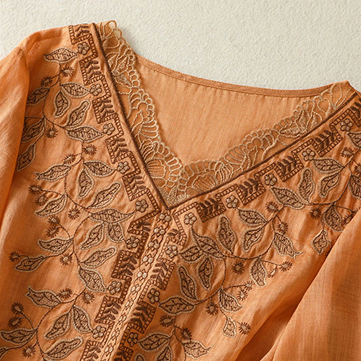 T-shirt décontracté à manches mi-longues en coton et lin pour femme, avec dentelle brodée et Buddha Stones - image 8